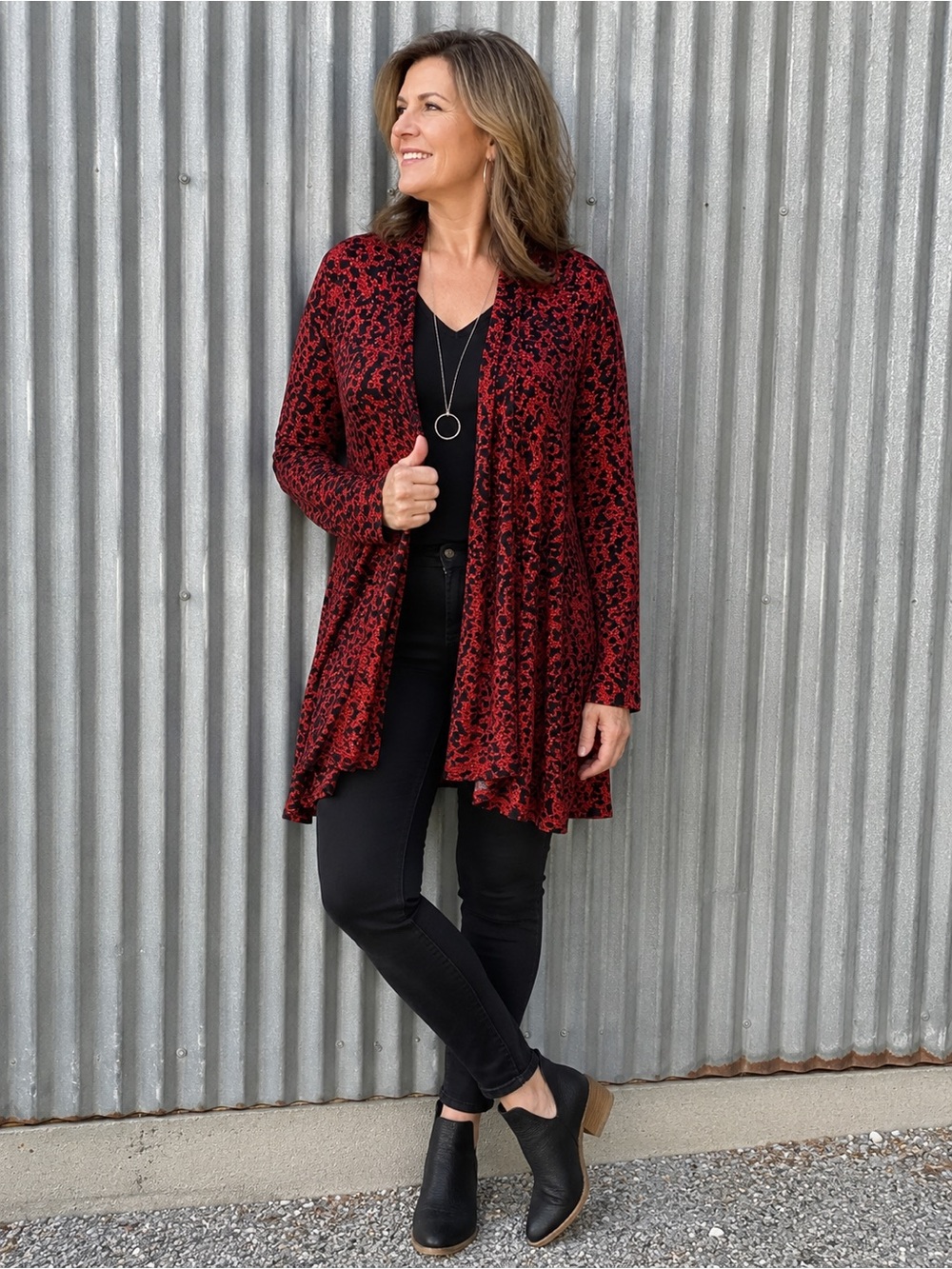 Yest Red & Black Sheer Leopard Print Open Front Cardigan Size 6